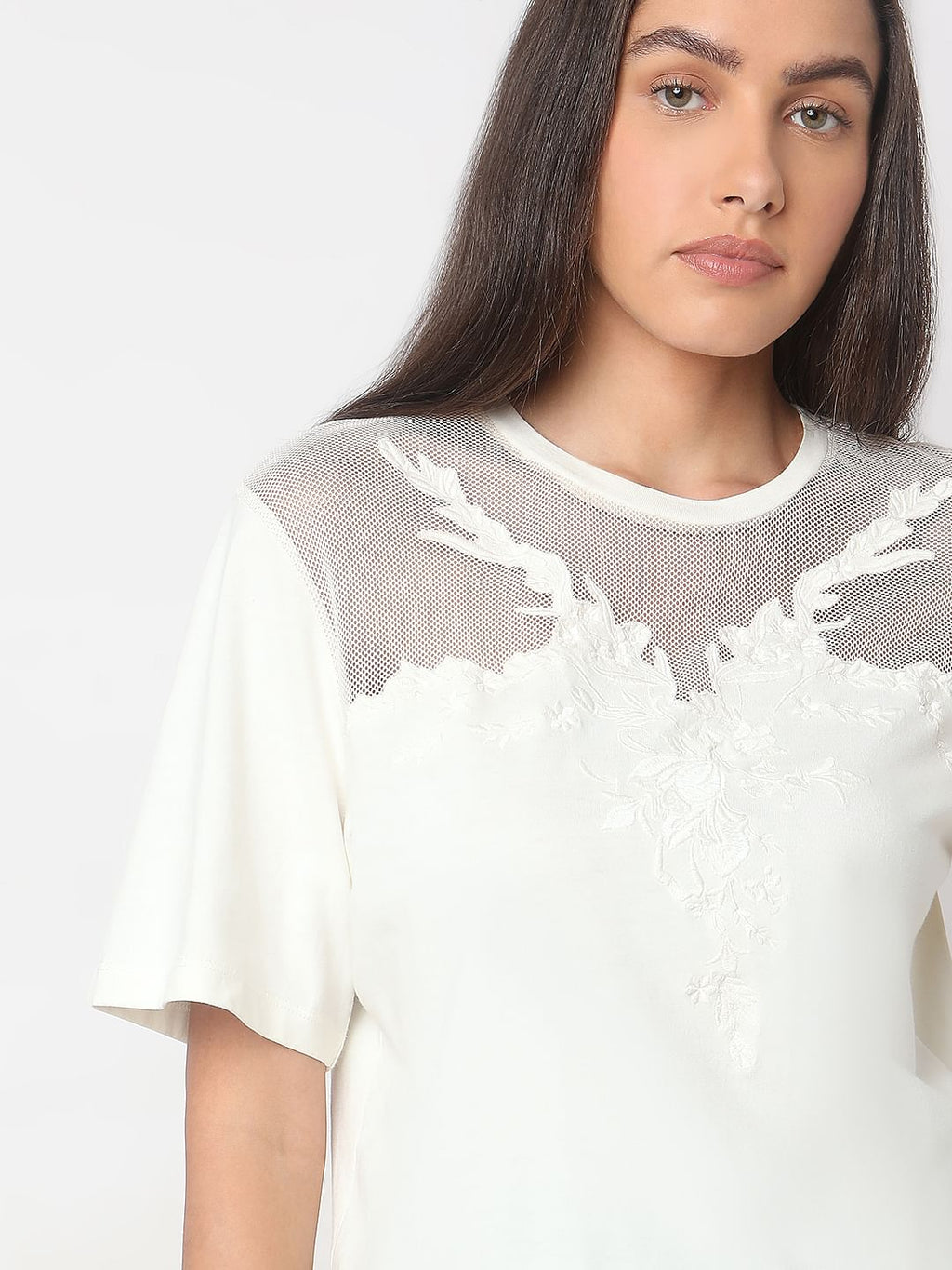 White Floral Appliqu Mesh T-Shirt