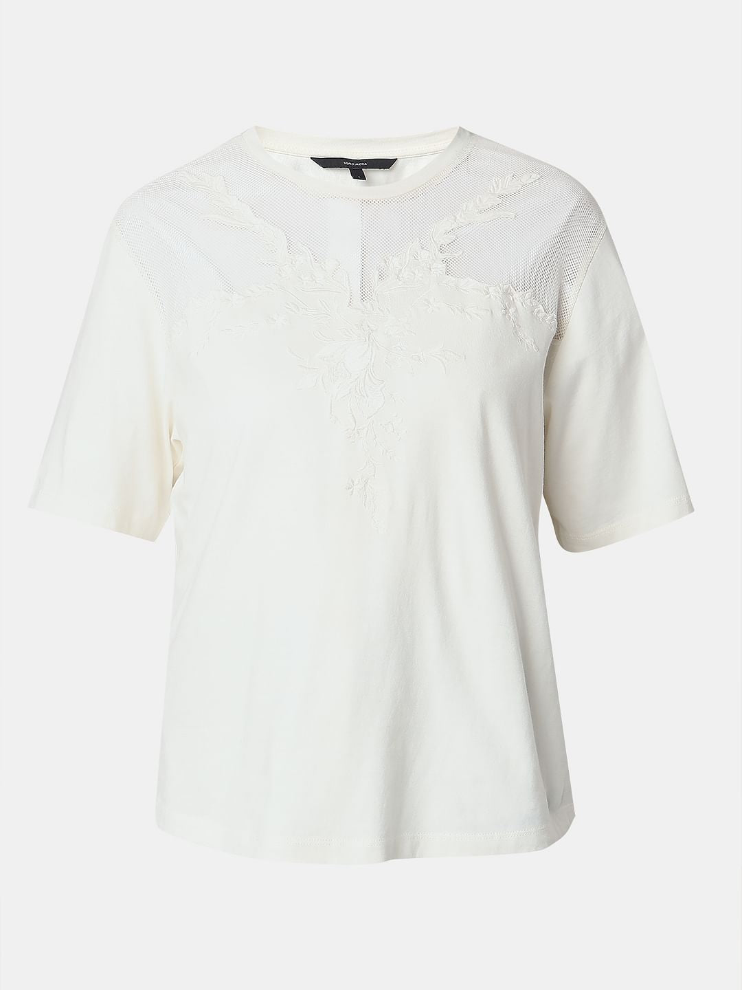 White Floral Appliqu Mesh T-Shirt