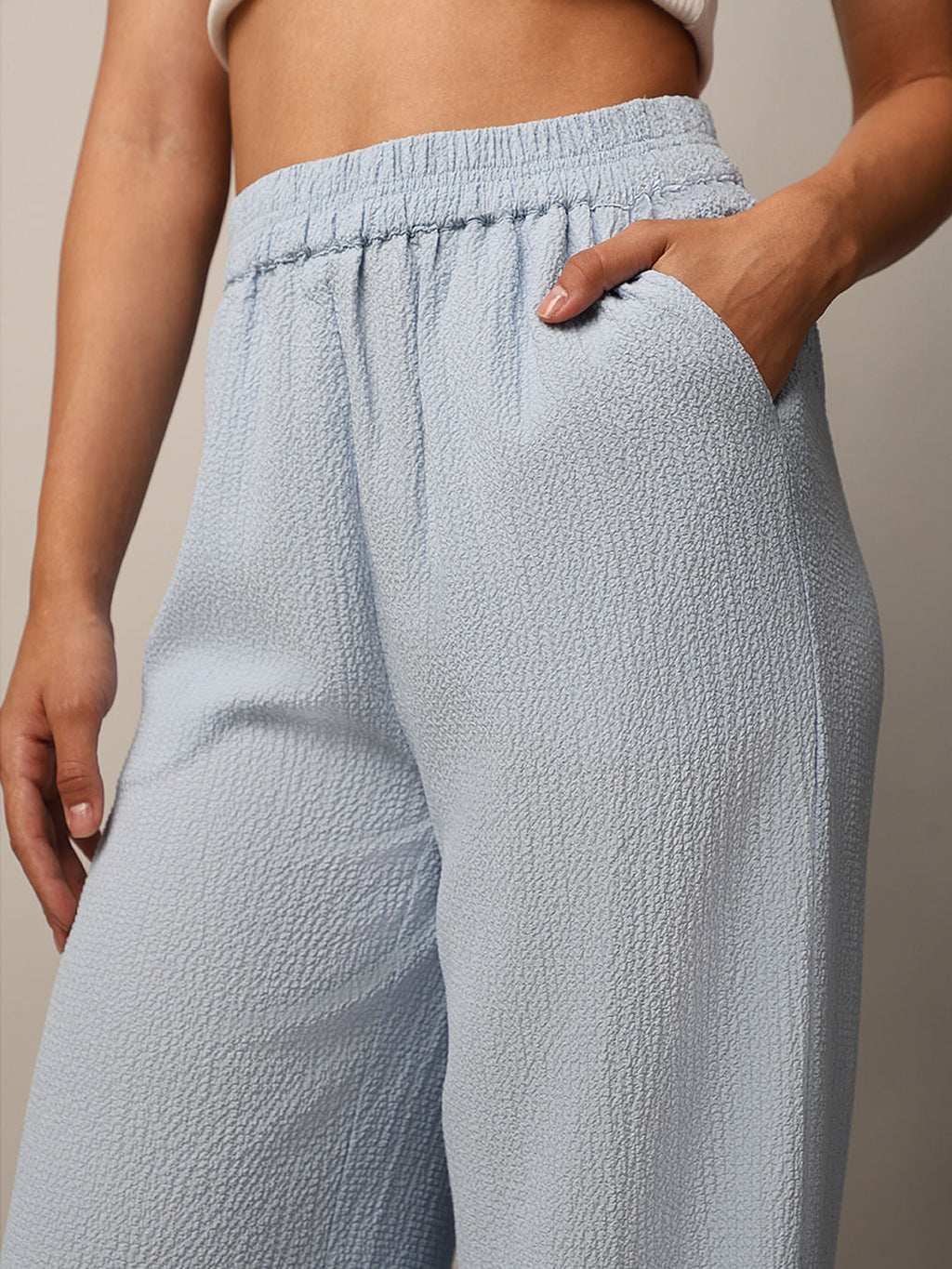 Blue Crinkle Weave Co-Ord Set Pants
