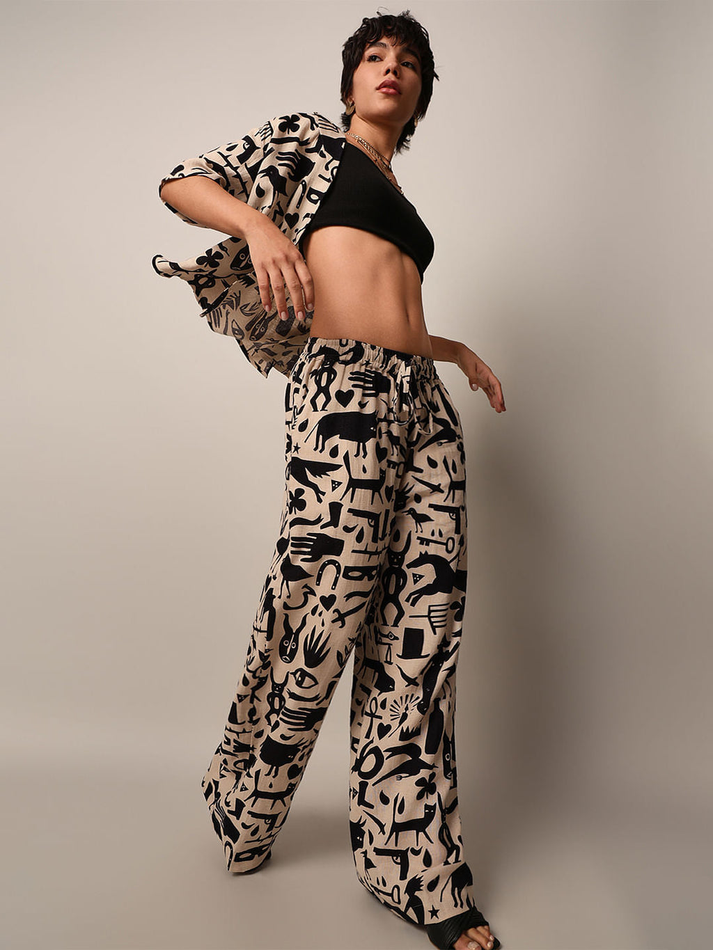 Beige Printed Co-Ord Set Pants