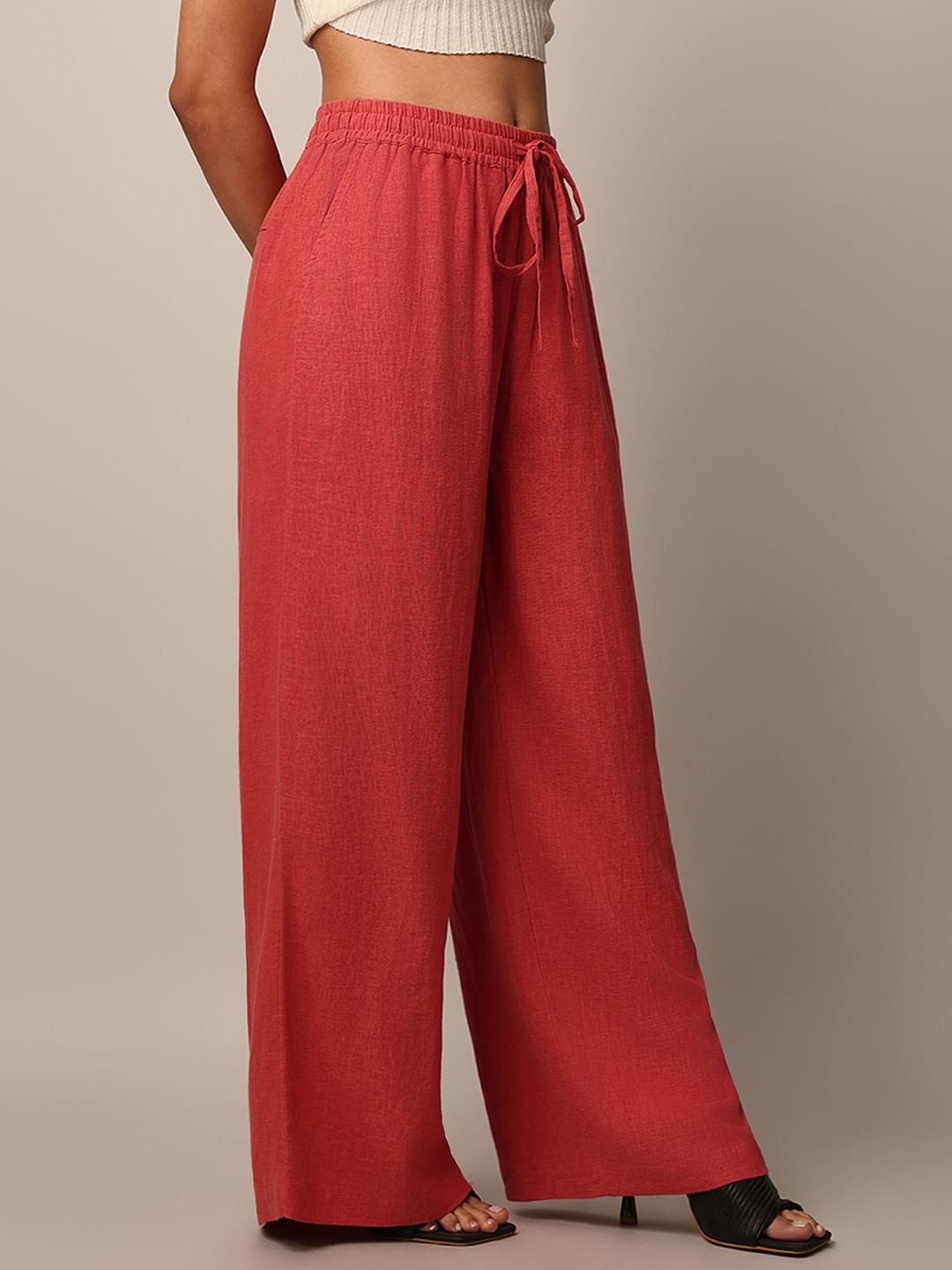 Red Linen Blend Co-Ord Set Pants