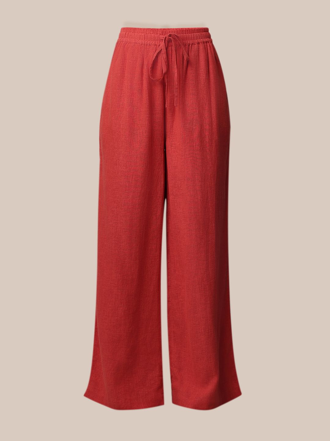Red Linen Blend Co-Ord Set Pants