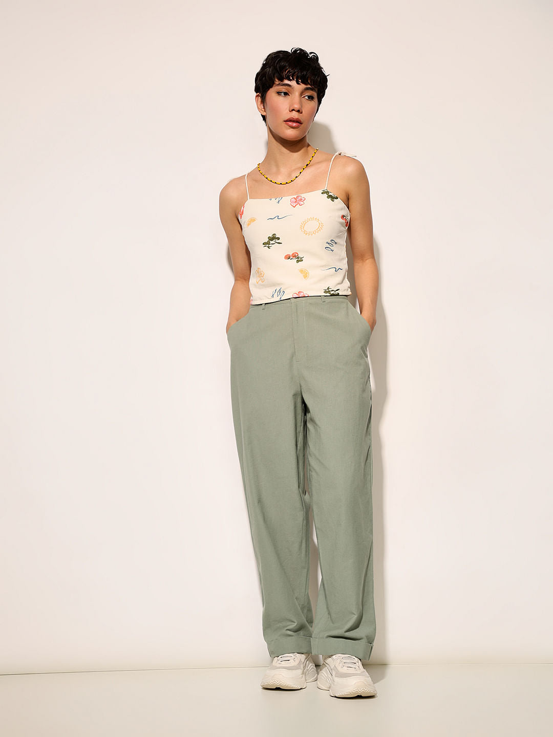 Green High Rise Loose Fit Pants