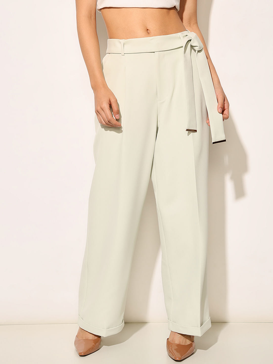 Light Green High Rise Belted Pants