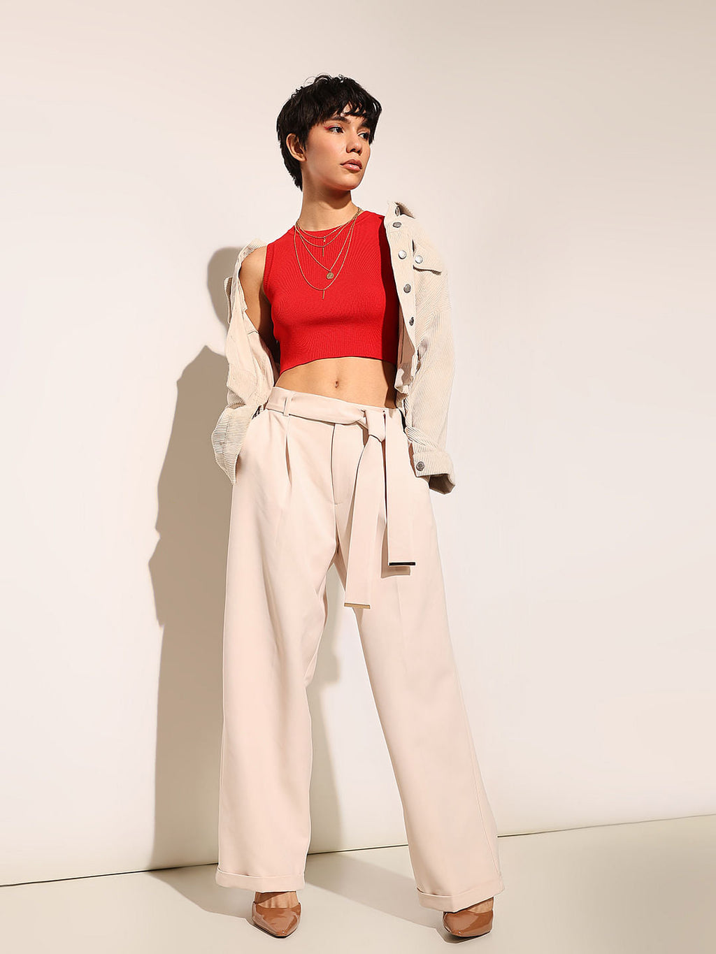 Beige High Rise Belted Pants