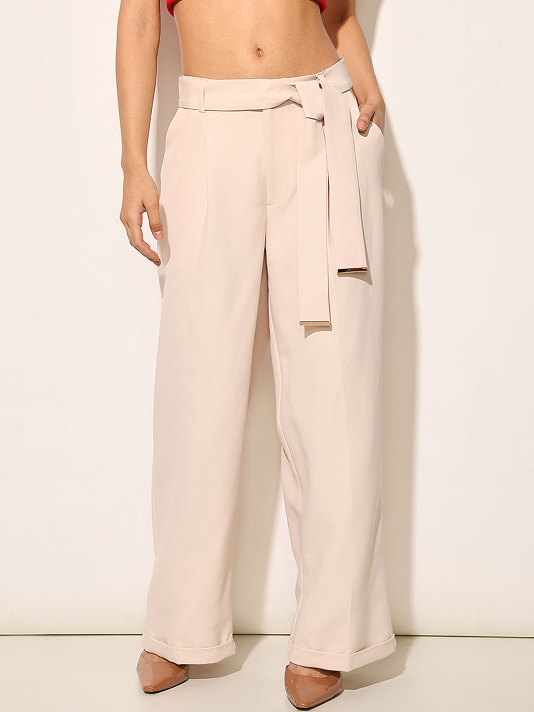 Beige High Rise Belted Pants