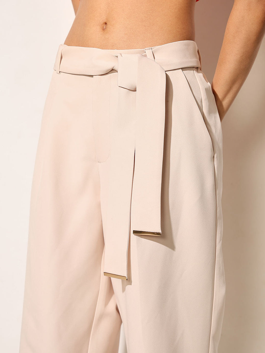 Beige High Rise Belted Pants