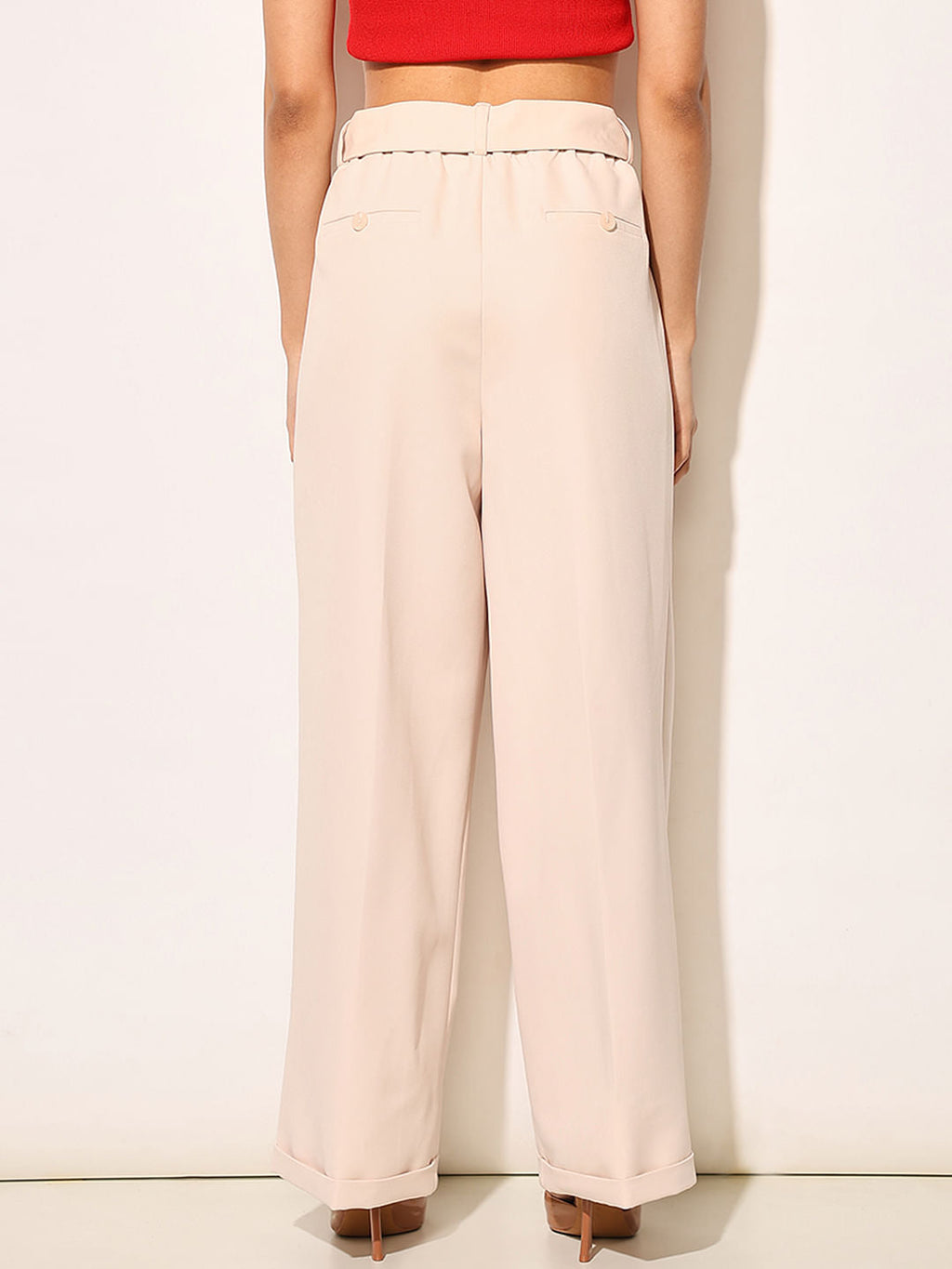 Beige High Rise Belted Pants