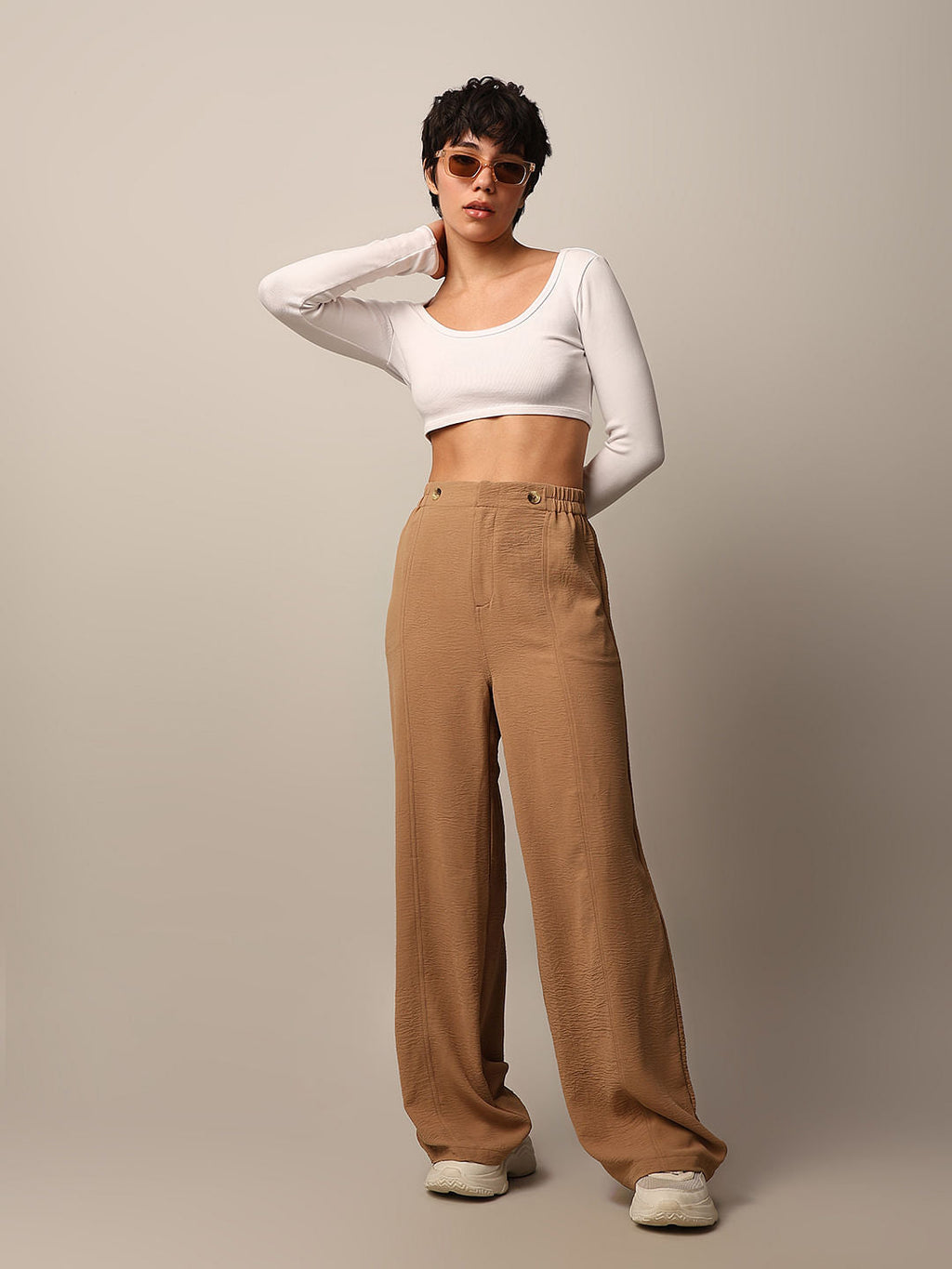 Brown High Rise Wide Pull On Pants