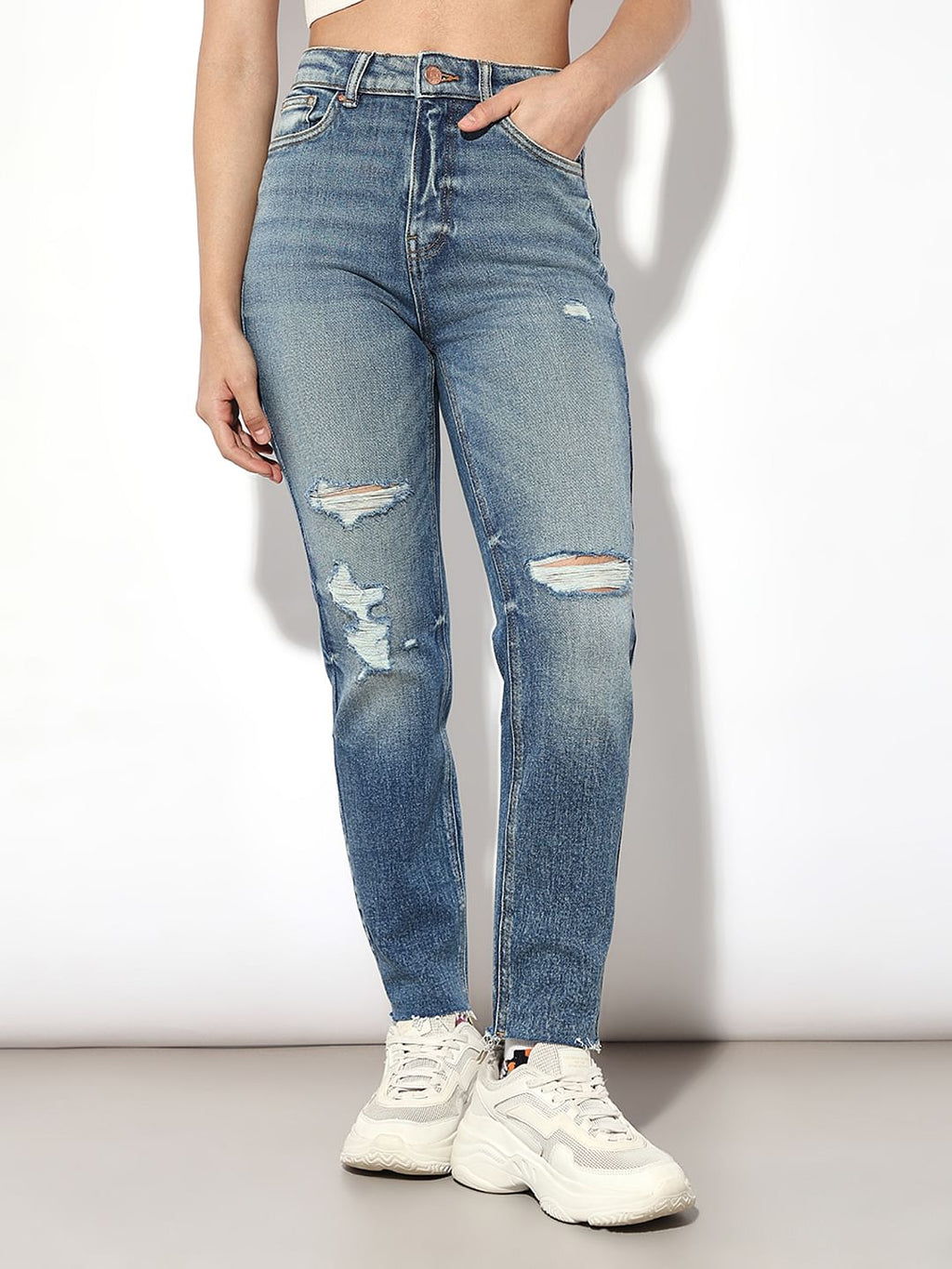 Blue High Rise Distressed Jeans
