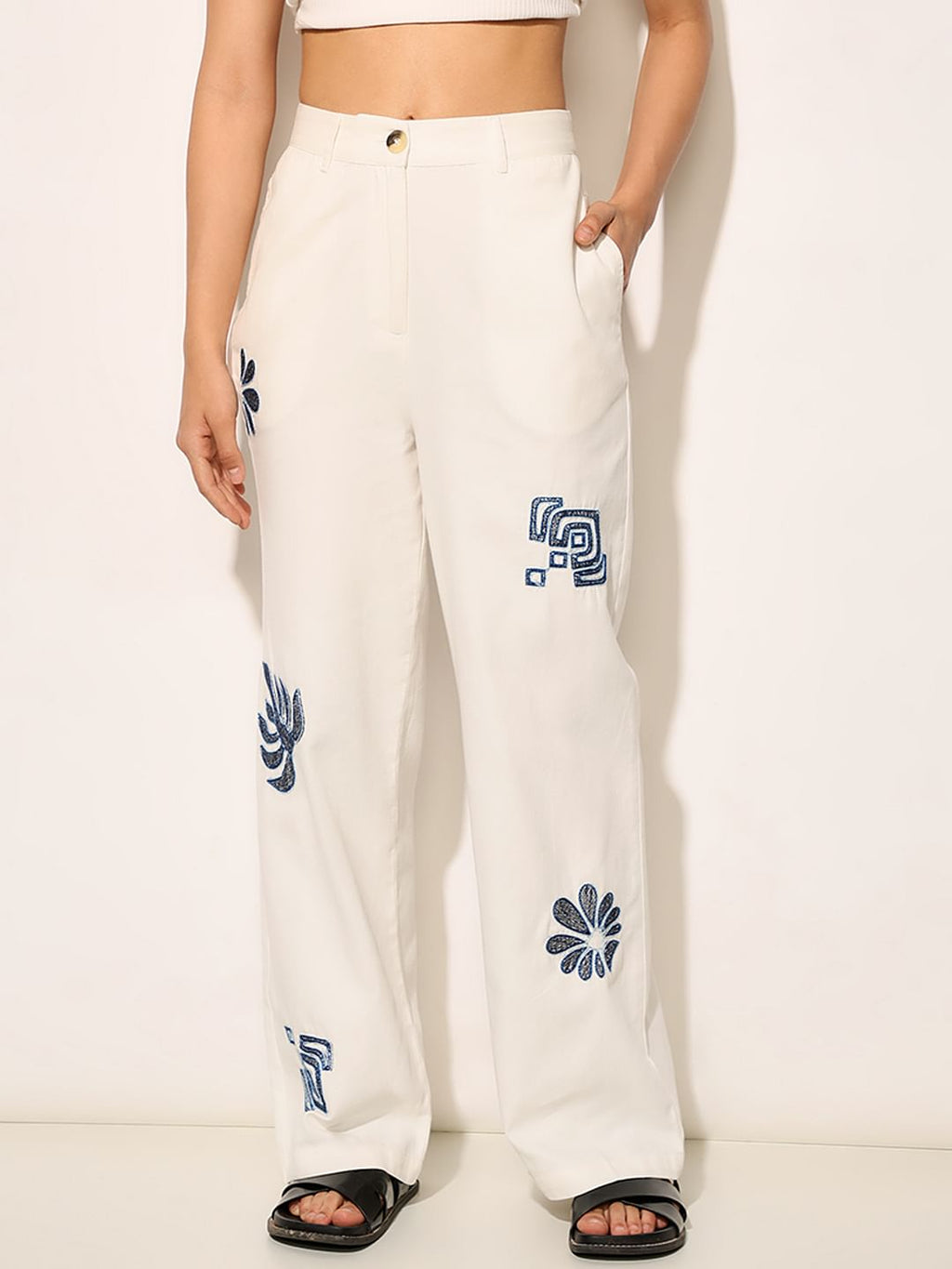White Embroidered Loose Fit Pants