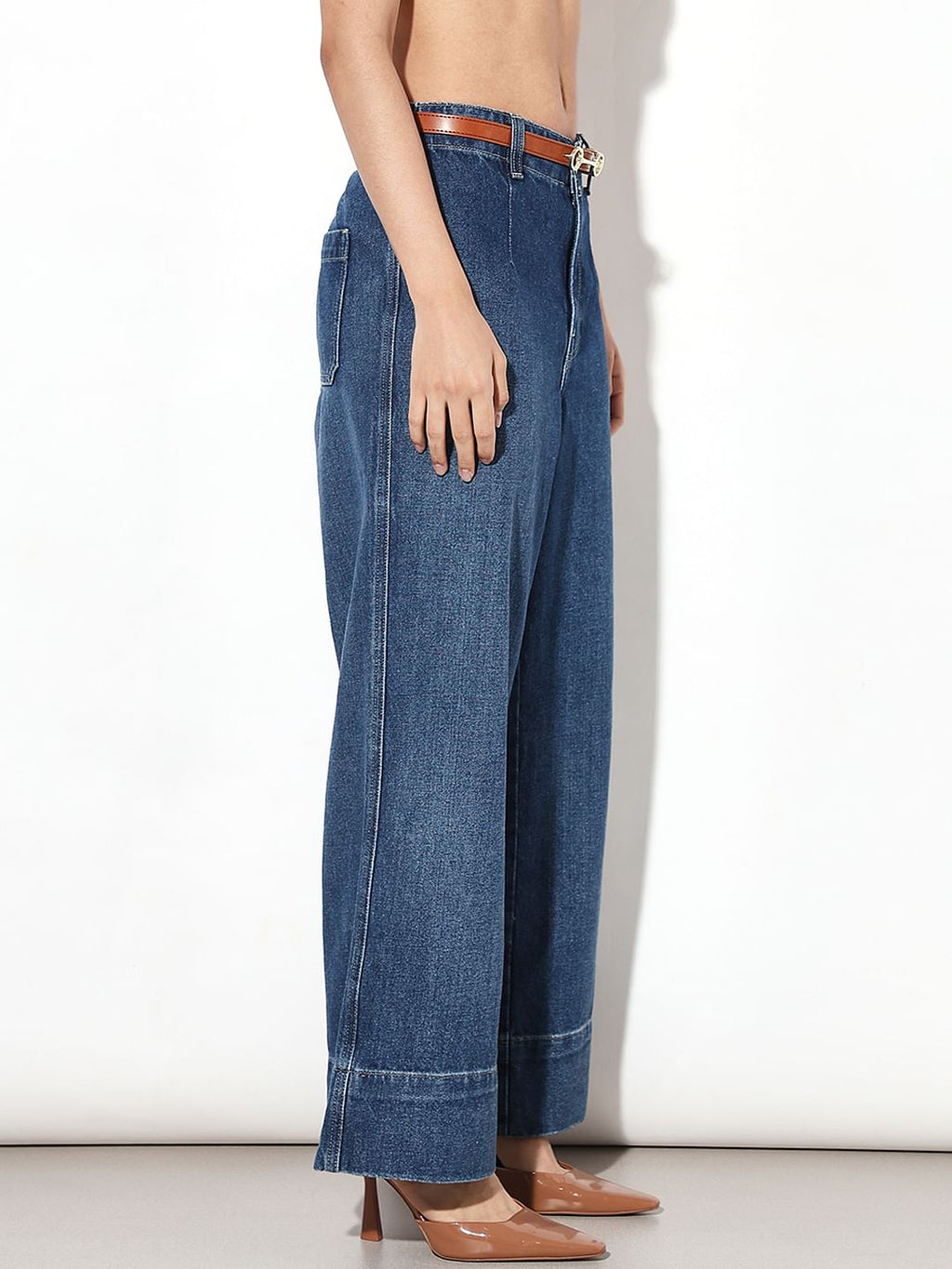 Dark Blue Curved Hem Wide Leg Jeans