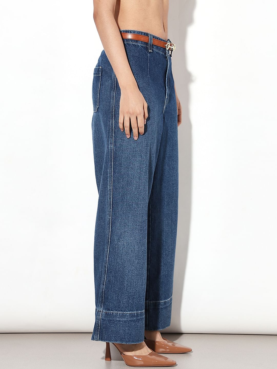 Dark Blue Curved Hem Wide Leg Jeans