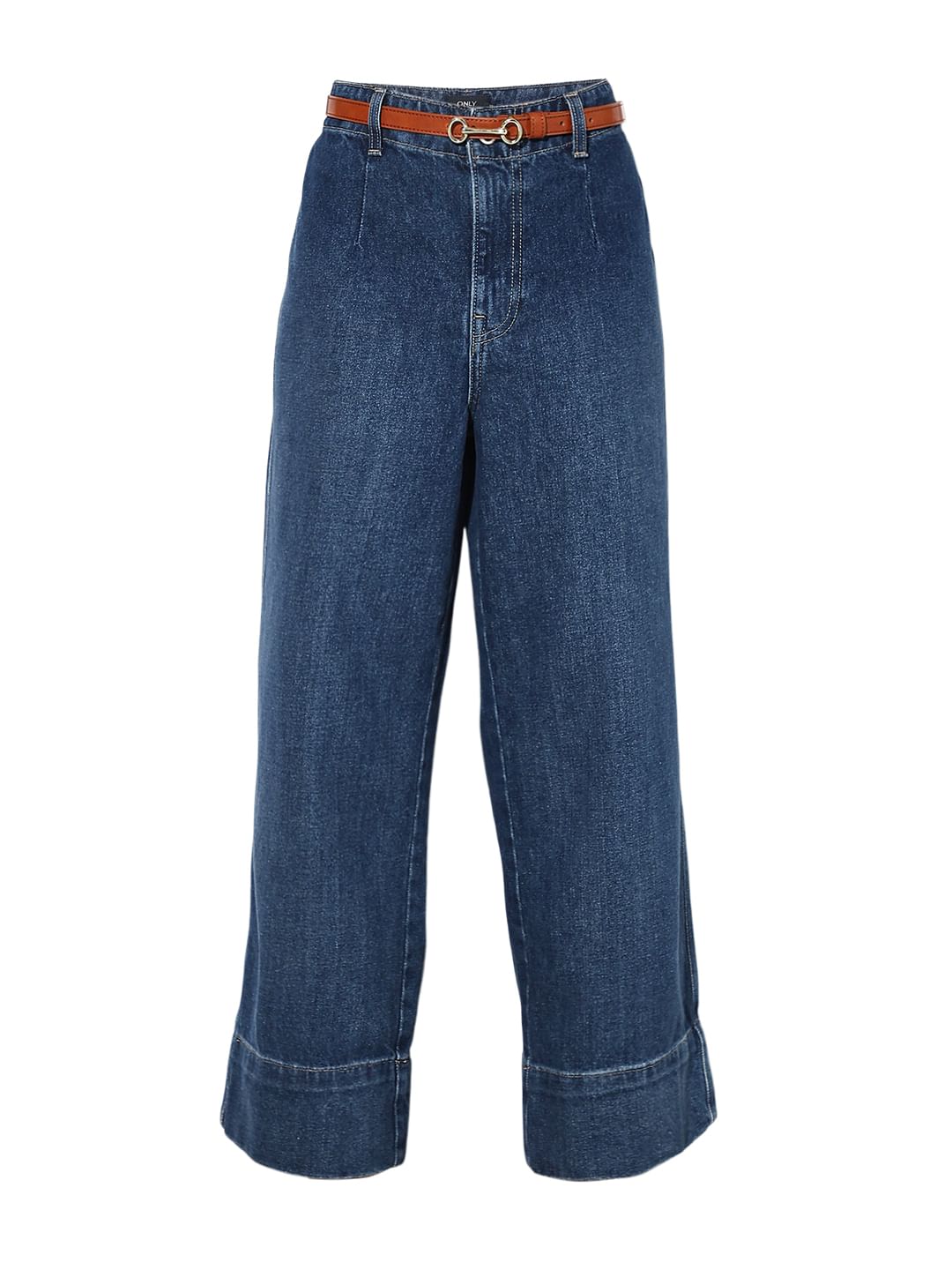 Dark Blue Curved Hem Wide Leg Jeans