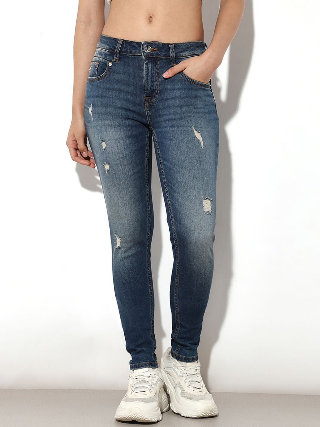 Blue High Rise Distressed Skinny Jeans