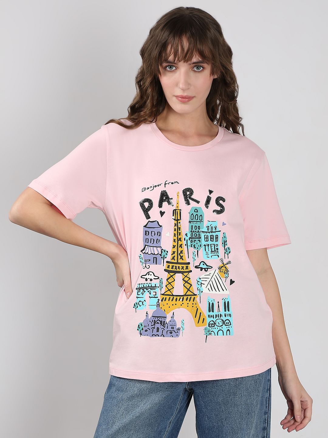 Pink Printed Cotton T-Shirt
