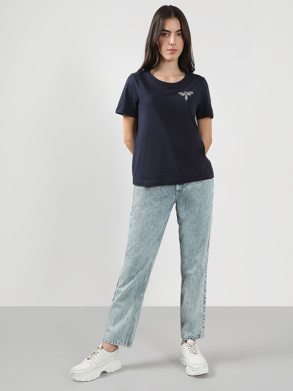 Navy Blue Motif Detail T-Shirt