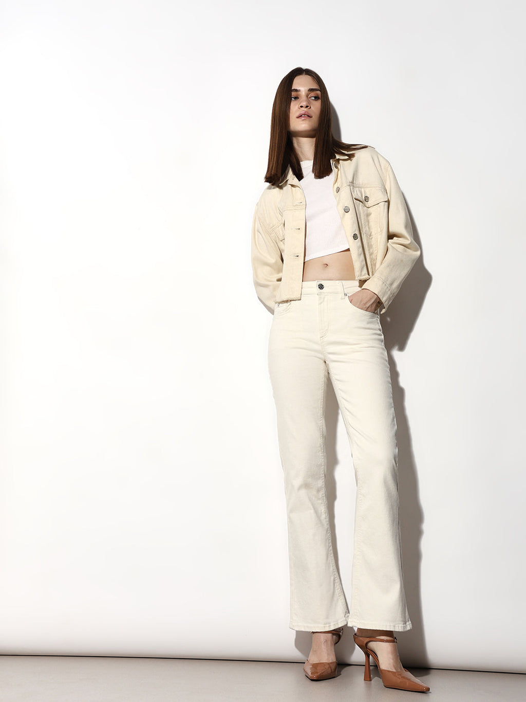 Ecru Mid Rise Flared Jeans