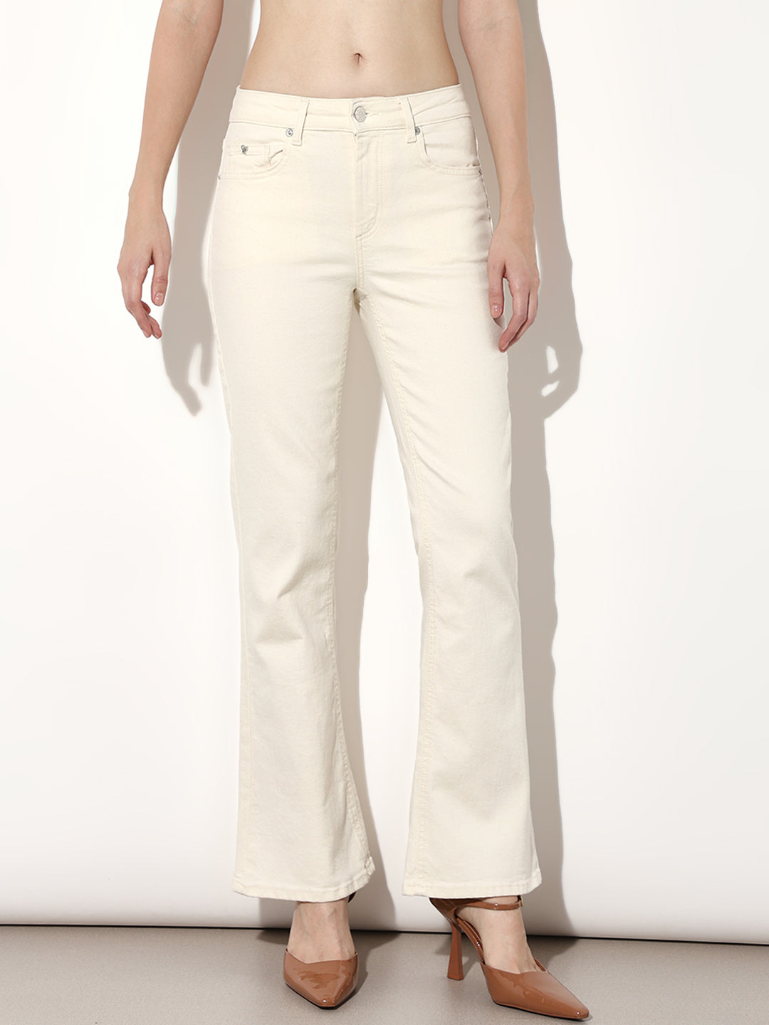 Ecru Mid Rise Flared Jeans