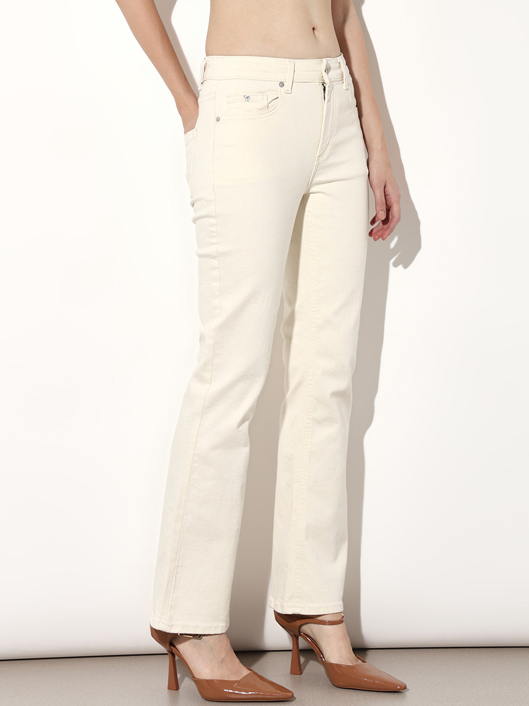 Ecru Mid Rise Flared Jeans