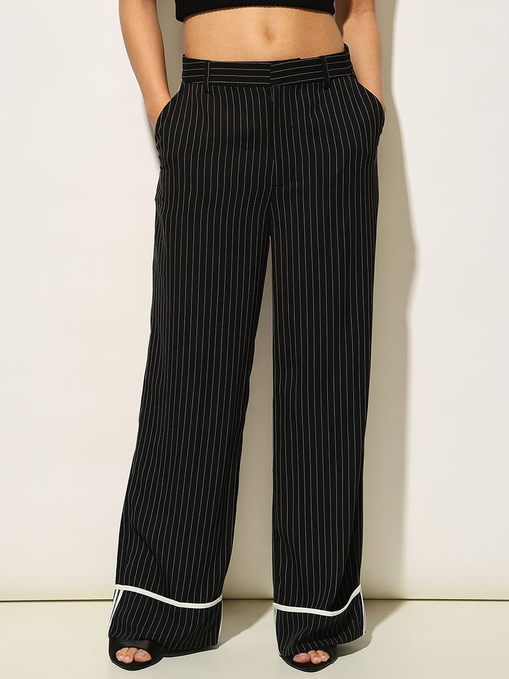 Black Striped Turn-Up Pants