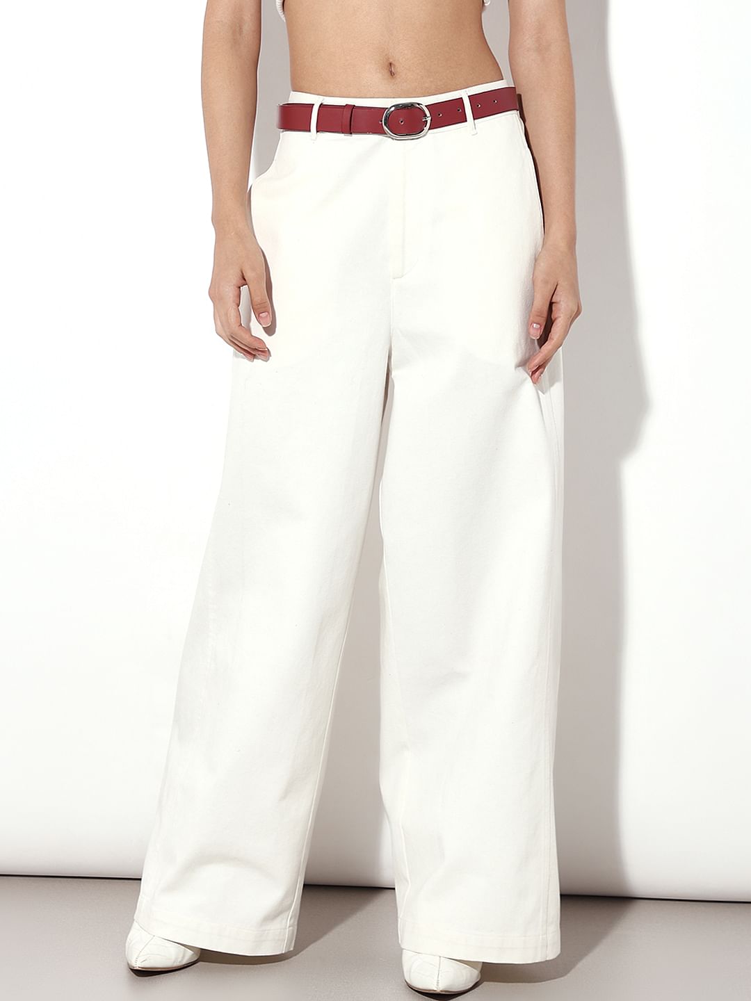 White Mid Rise Wide Leg Pants