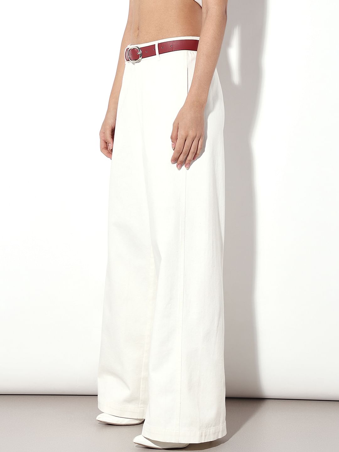 White Mid Rise Wide Leg Pants