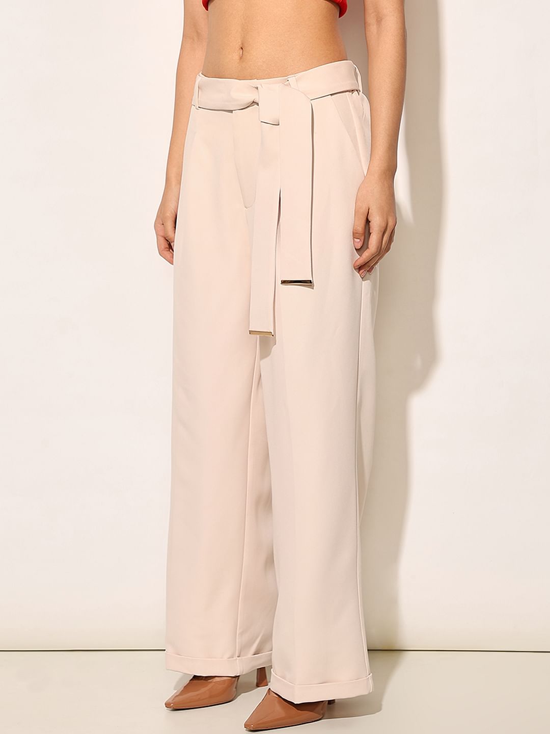 Beige Tie Belt Formal Pants