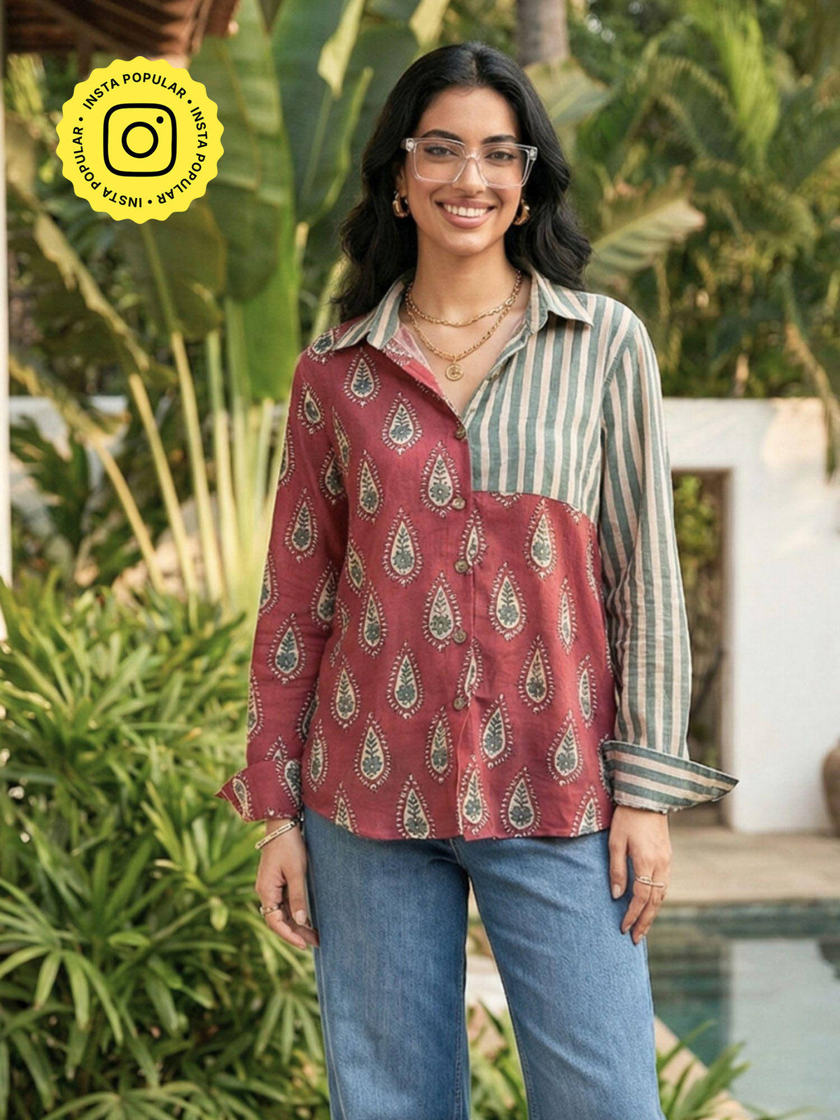 Jazba -Moss Green Dual Printed Stripe Shirt | S67 - view 6