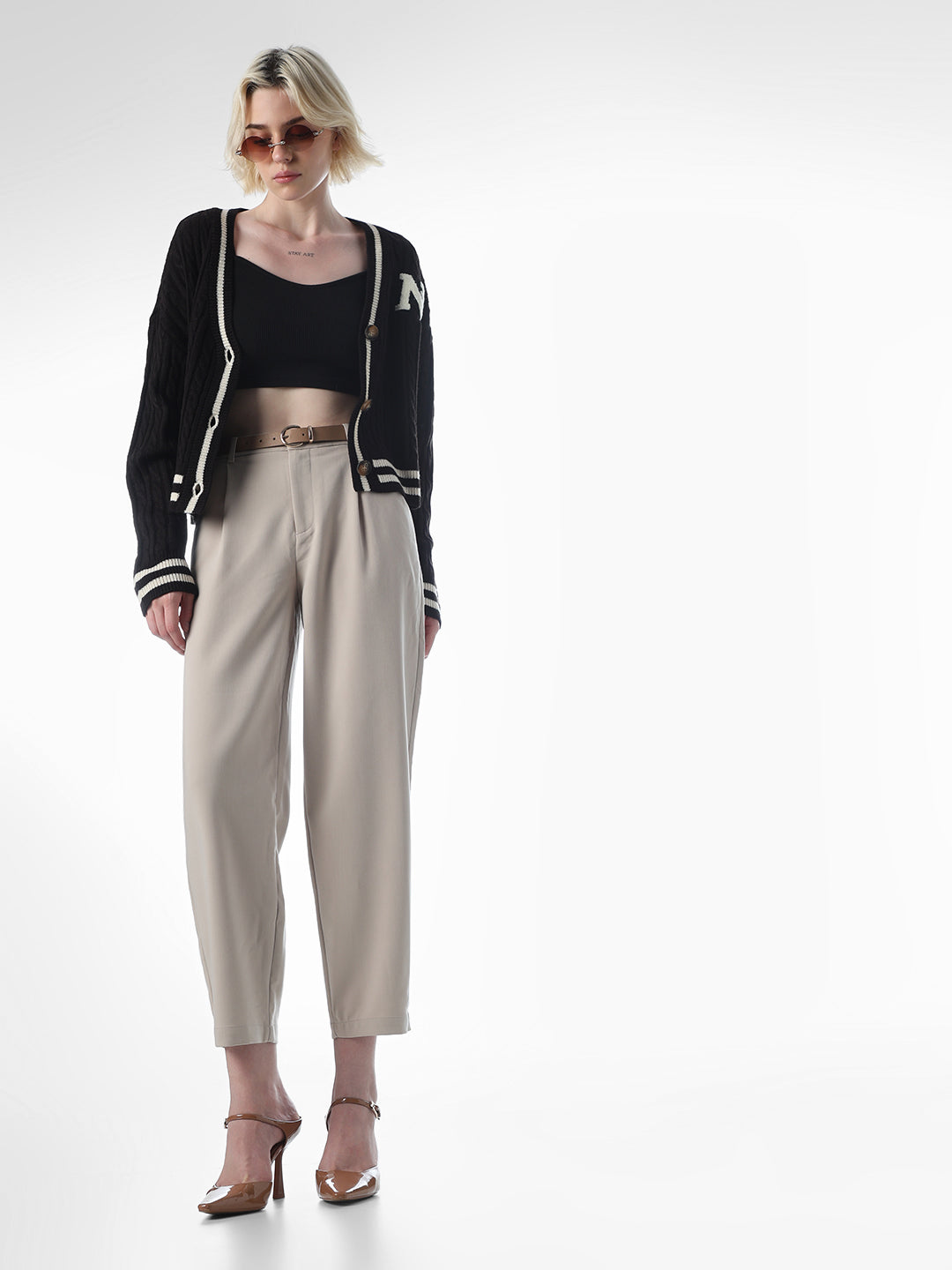 Beige PU Belted Ankle Length Pants