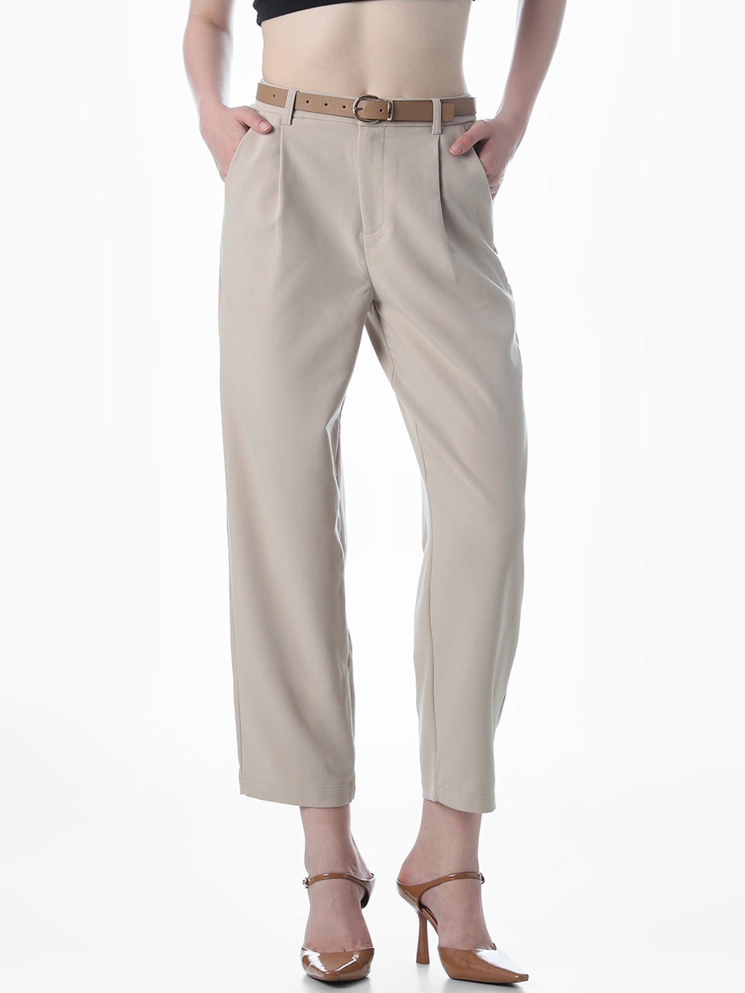 Beige PU Belted Ankle Length Pants
