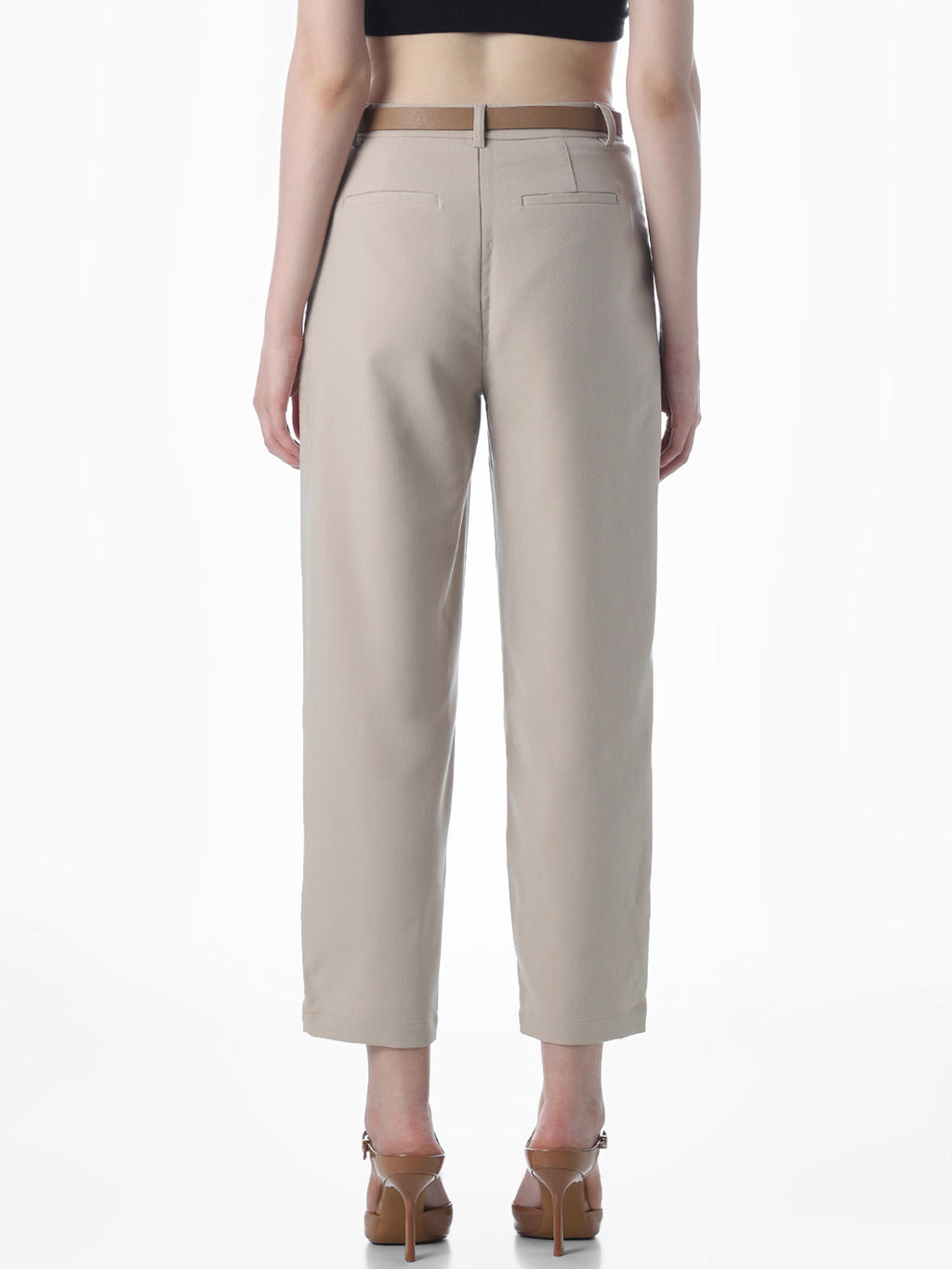 Beige PU Belted Ankle Length Pants