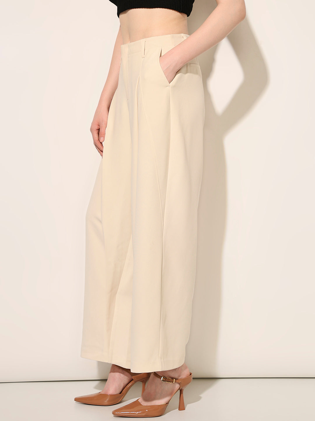 Beige High Rise Tailored Pants