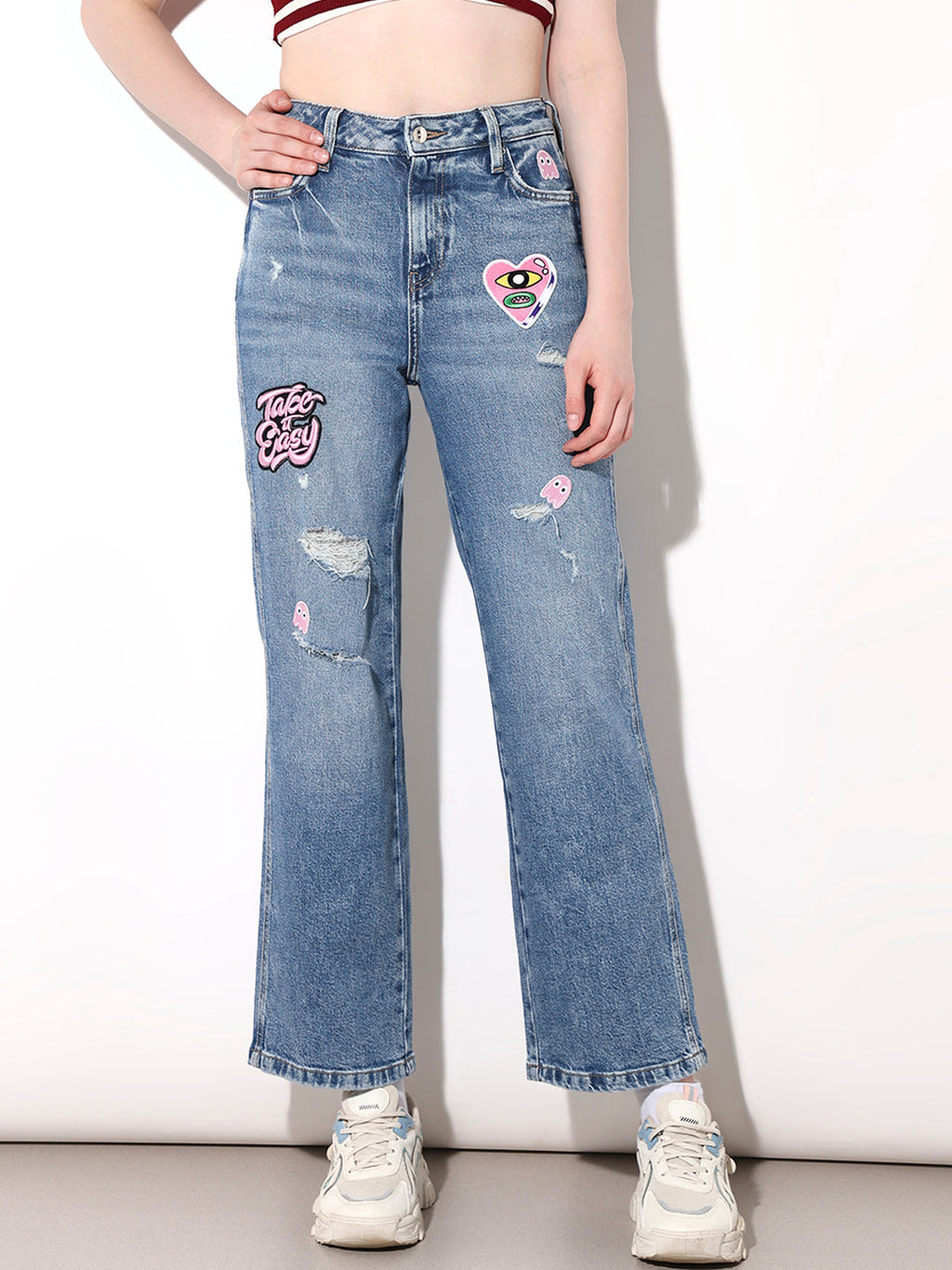 Blue Applique Distressed Jeans