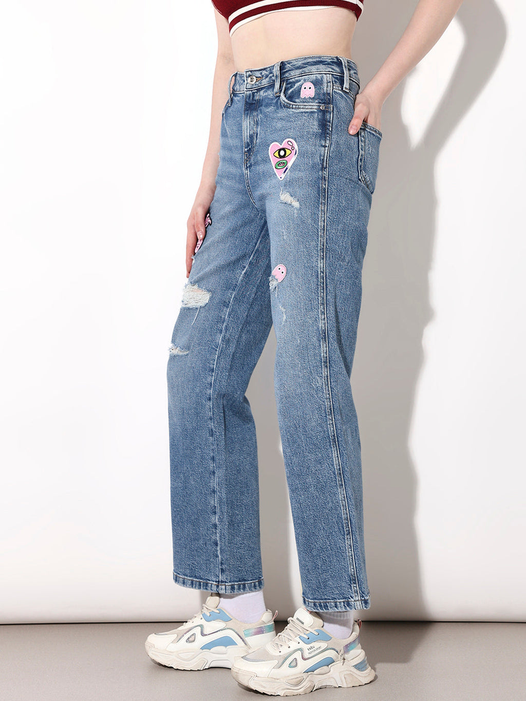 Blue Applique Distressed Jeans