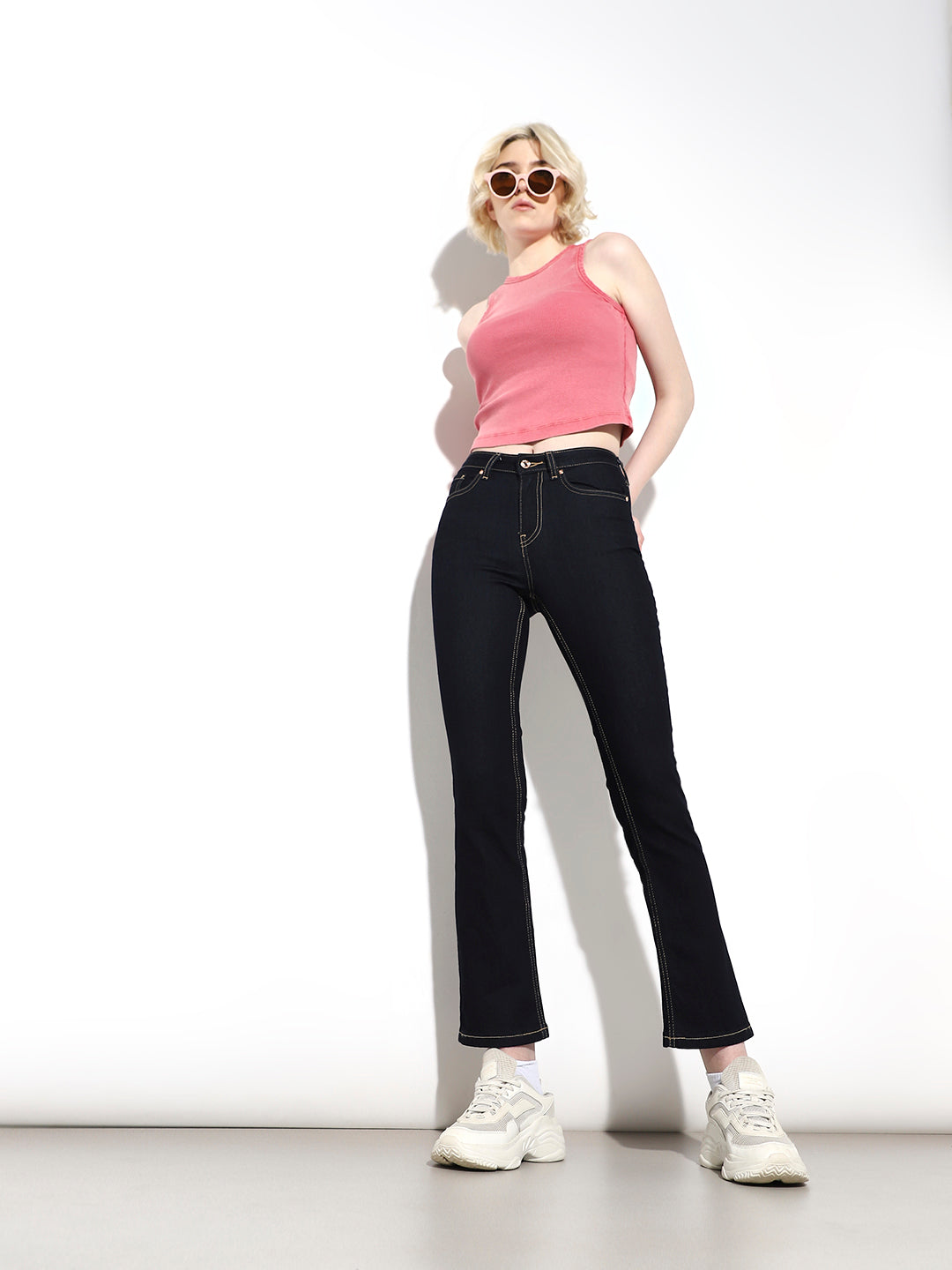 Dark Blue Cropped Flared Jeans