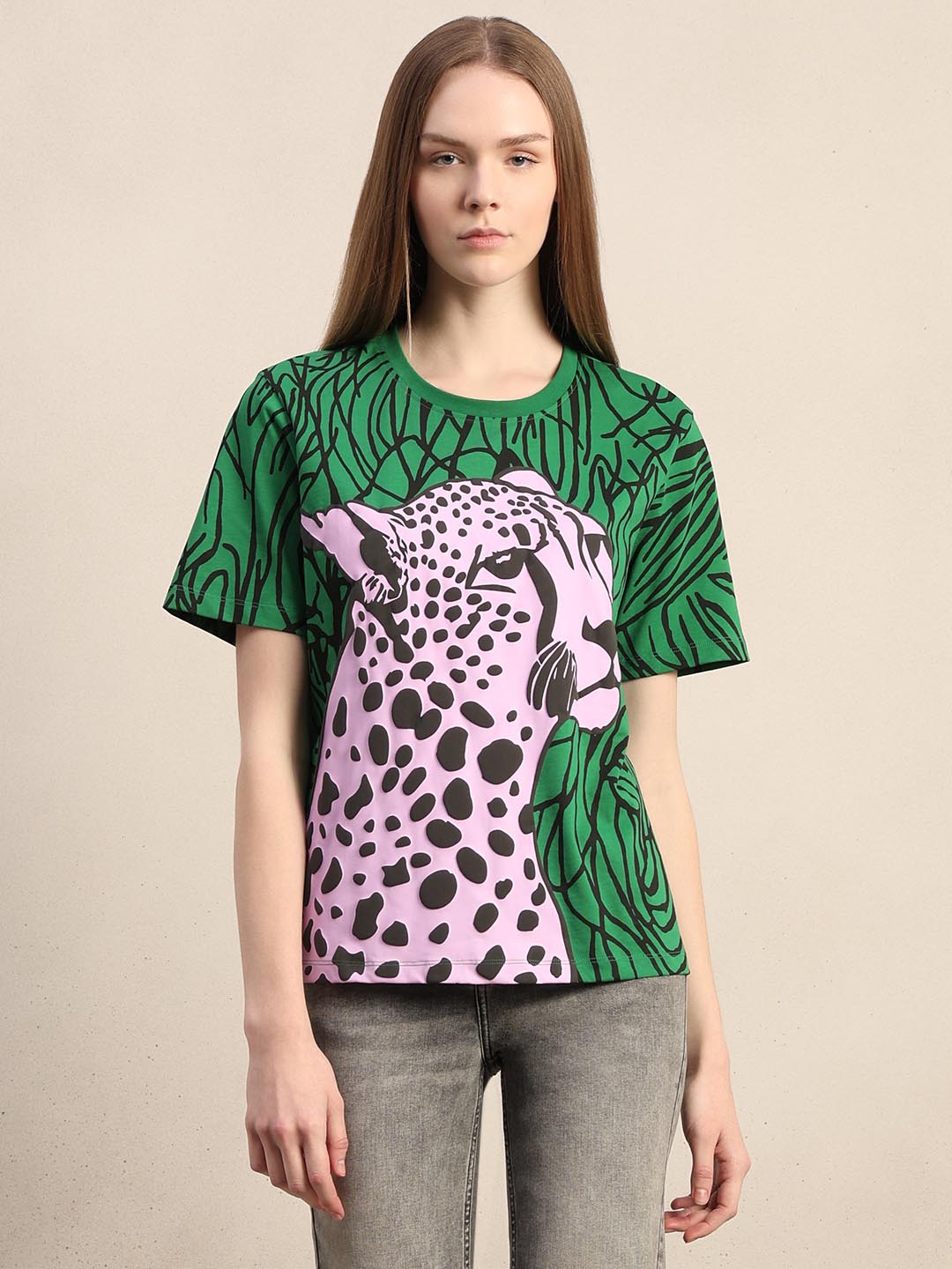 Green Animal Print Cotton T-shirt