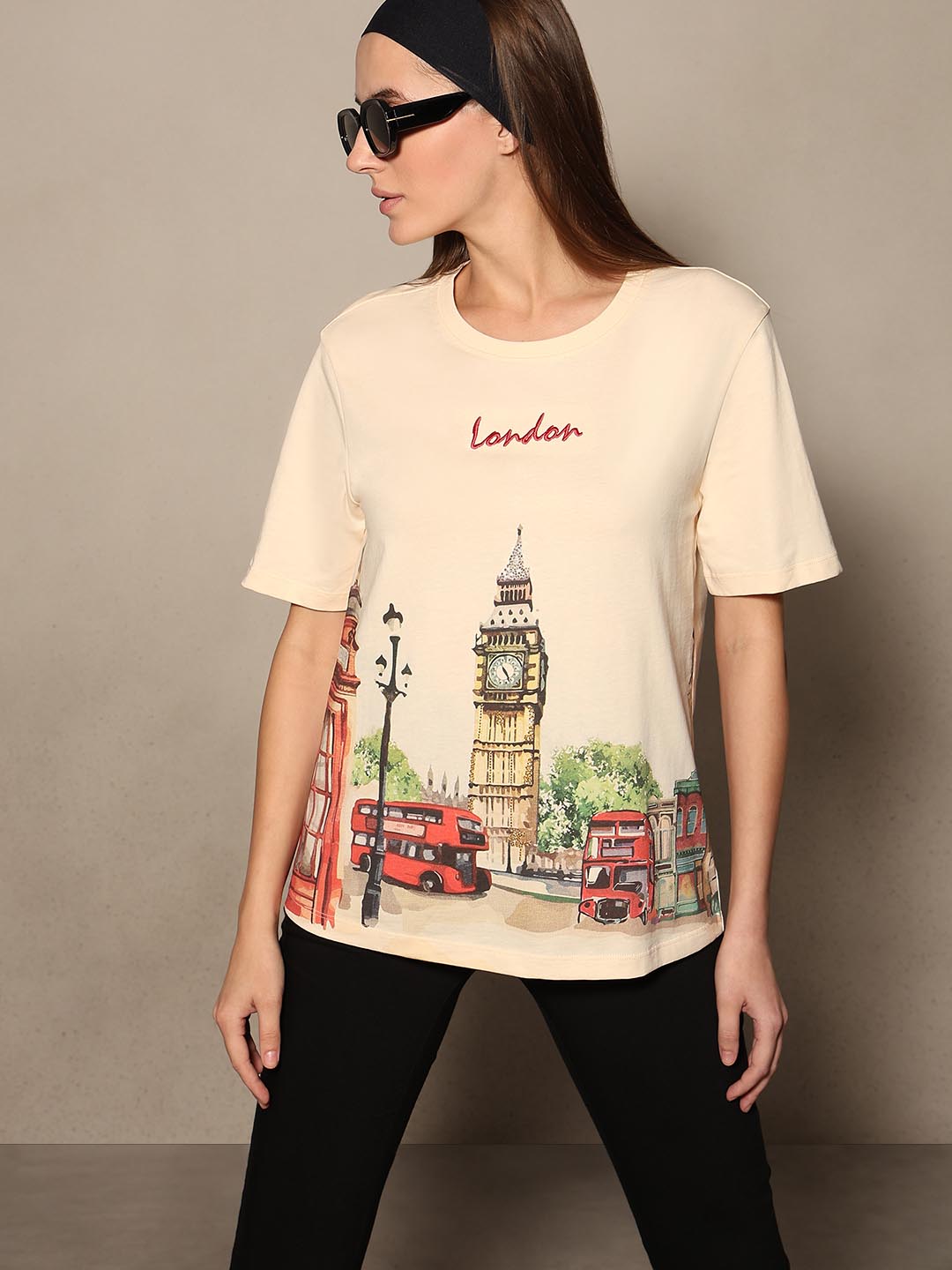 Ecru Printed Cotton T-shirt