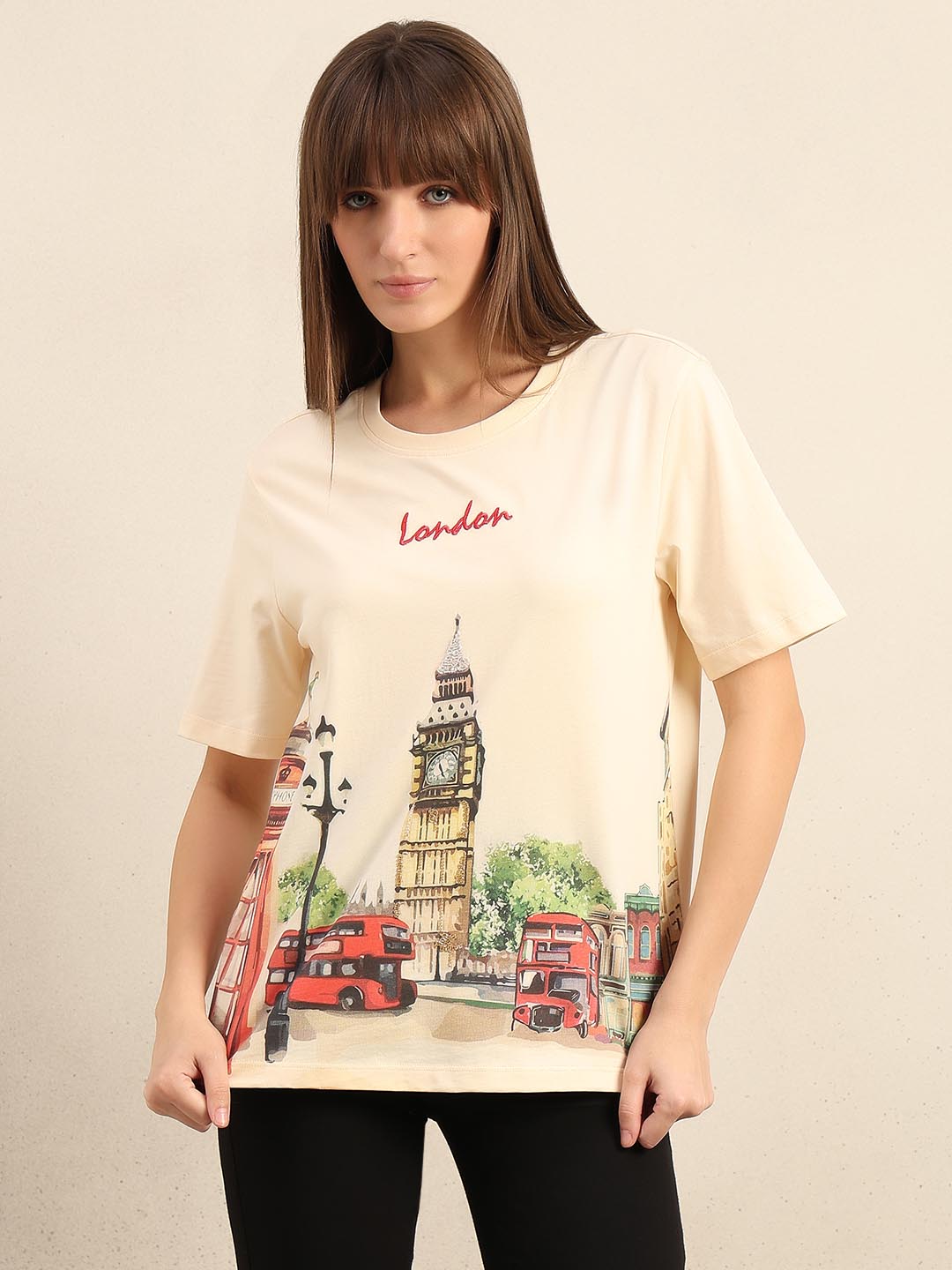 Ecru Printed Cotton T-shirt