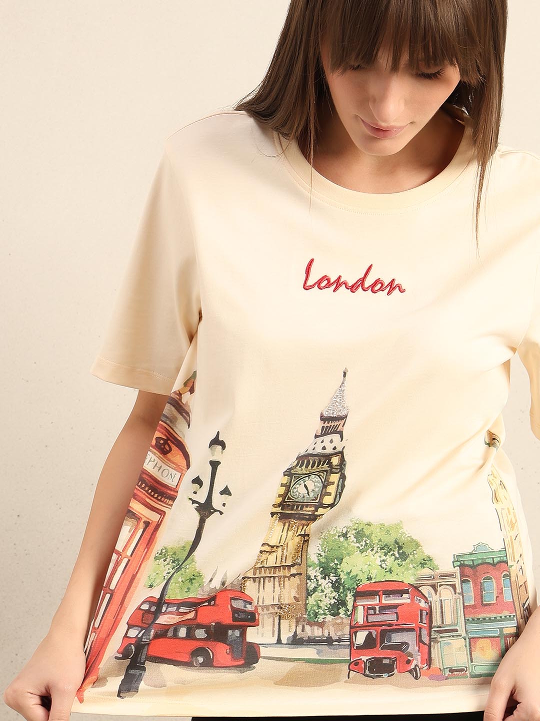 Ecru Printed Cotton T-shirt