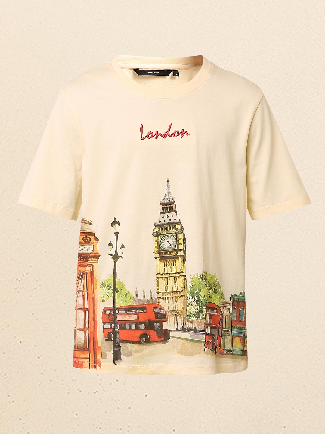 Ecru Printed Cotton T-shirt