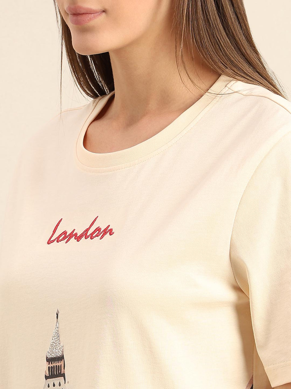 Ecru Printed Cotton T-shirt