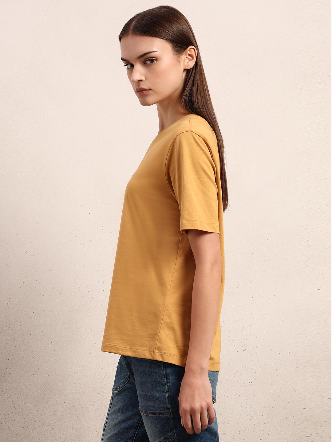 Mustard Printed Cotton T-shirt