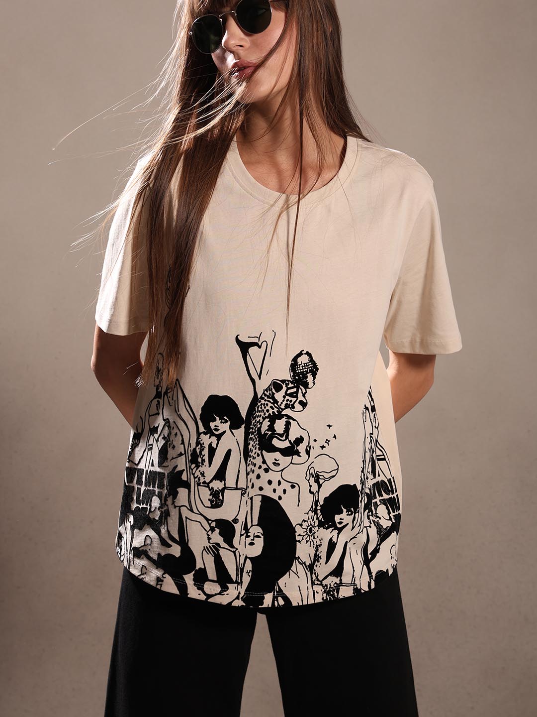 Ecru Printed Cotton T-shirt