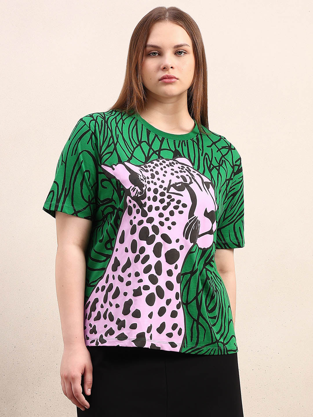 Curve Leopard Print Cotton T-Shirt