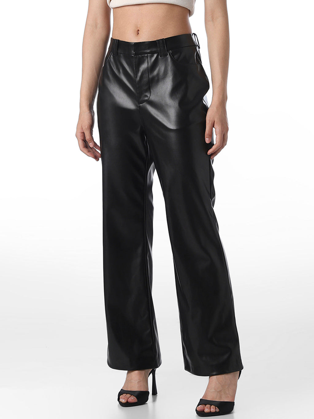 Black Straight Fit Leather Pants