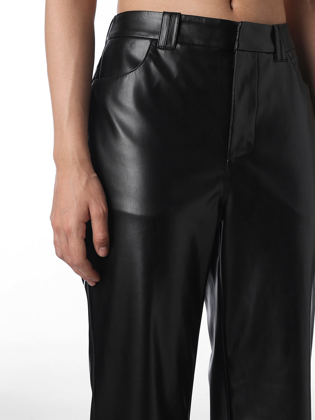 Black Straight Fit Leather Pants