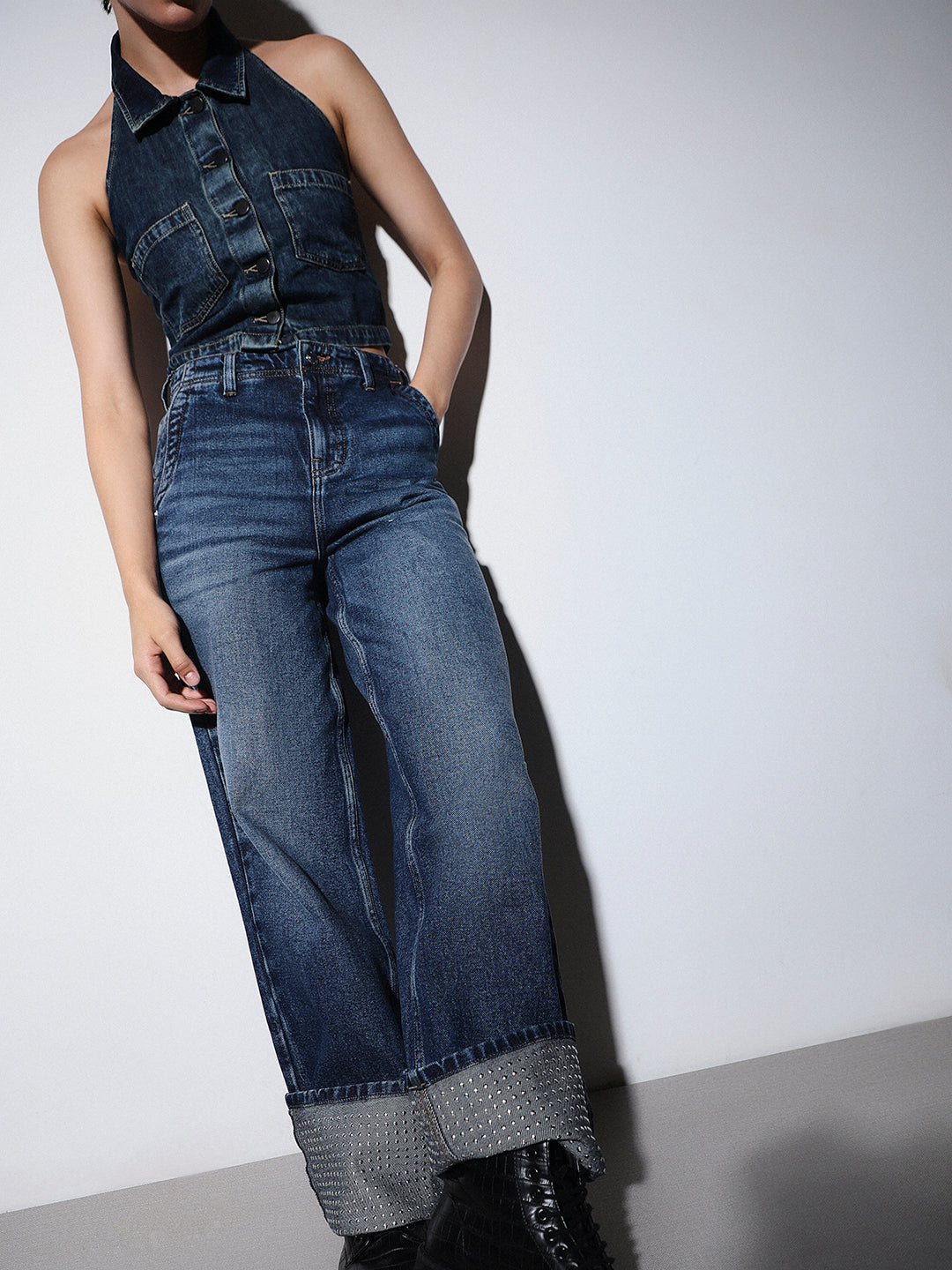 Stud Embellished Straight Fit Jeans
