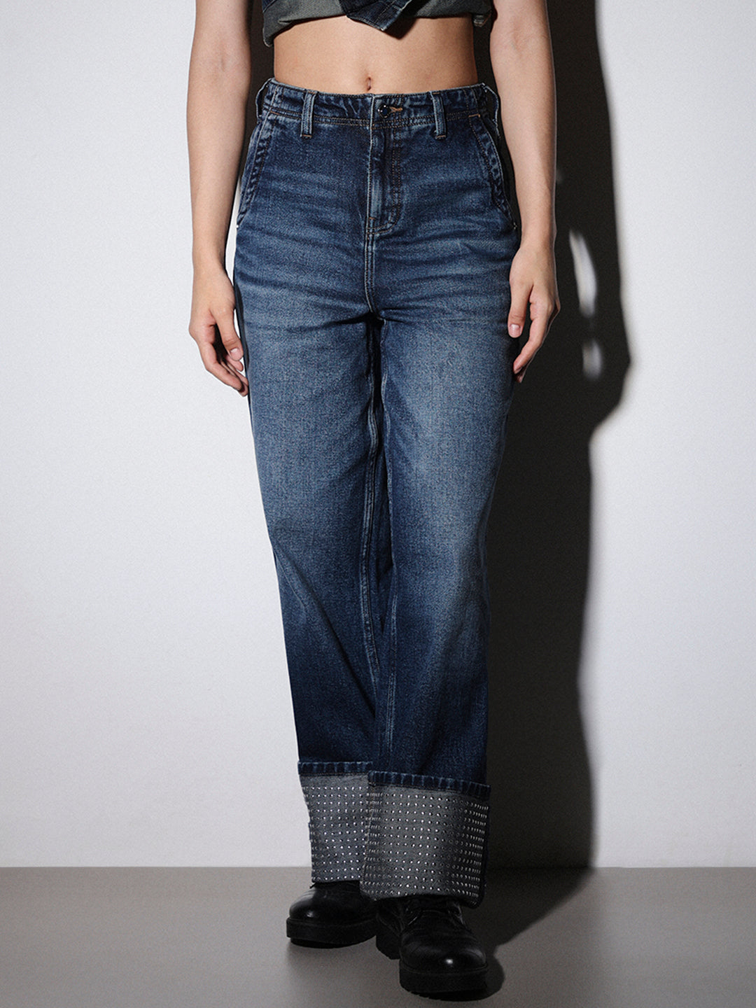 Stud Embellished Straight Fit Jeans
