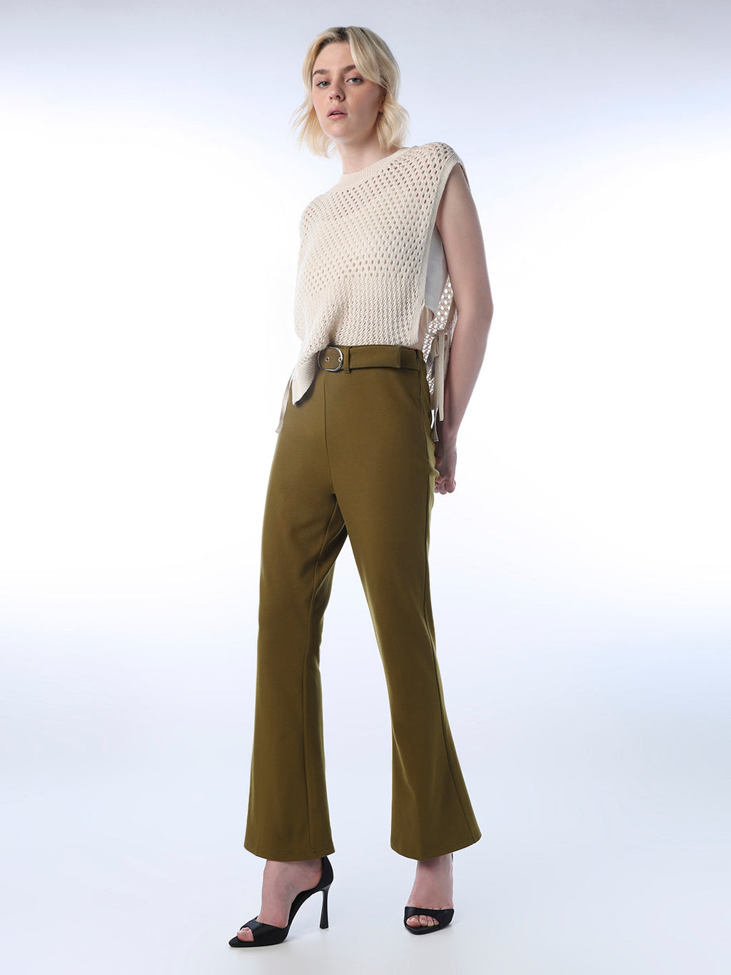 Belted Flared Pants - Green